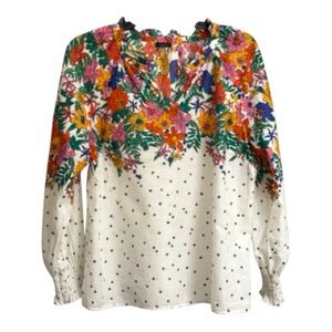 Talbots Floral Cotton Blouse XL Ruffle Neck, Smocked Cuffs, Multicolor GardenTop